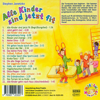 Kindermusik Ab 6 Jahre: CD 'Alle Kinder sind jetzt fit'  -  22 sportliche Kinderlieder fürs Kinderturnen - gespielt von: Stephen Janetzko, Spielzeit: 72 Minuten, Einband: Jewelcase, Gewicht: 0,094 Kg