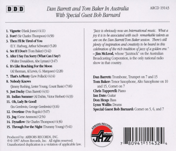 Mainstream Jazz: CD 'In Australia'  - gespielt von: Dan Barrett and Tom Baker, Spielzeit: 68 Minuten, Einband: Jewelcase, Gewicht: 0,1 Kg