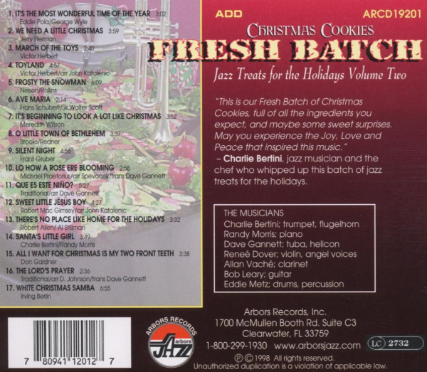 Mainstream Jazz: CD 'A Fresh  Batch of Christmas Cookies'  -  Jazz Treats for the Holidays, Volume Two - gespielt von: verschiedene Künstler, Spielzeit: 69 Minuten, Einband: Jewelcase, Gewicht: 0,1 Kg