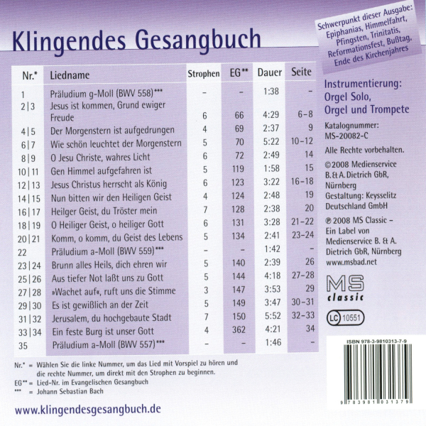 Klingendes Gesangbuch: CD 'Klingendes Gesangbuch 8 - Von Anfang bis Ende'  -  Kirchenlieder zum Mitsingen: Epiphanias, Himmelfahrt, Pfingsten, Trinitatis, Reformationstag, Bußtag, Ende des Kirchenjahres - gespielt von: Bernd Dietrich, Spielzeit: 66 Minute
