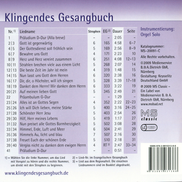 Klingendes Gesangbuch: CD 'Klingendes Gesangbuch 9 - Hoffnung und Vertrauen'  -  Intrumentierung: Orgel Solo - gespielt von: Bernd Dietrich, Spielzeit: 62 Minuten, Einband: Jewelcase, Gewicht: 0,113 Kg