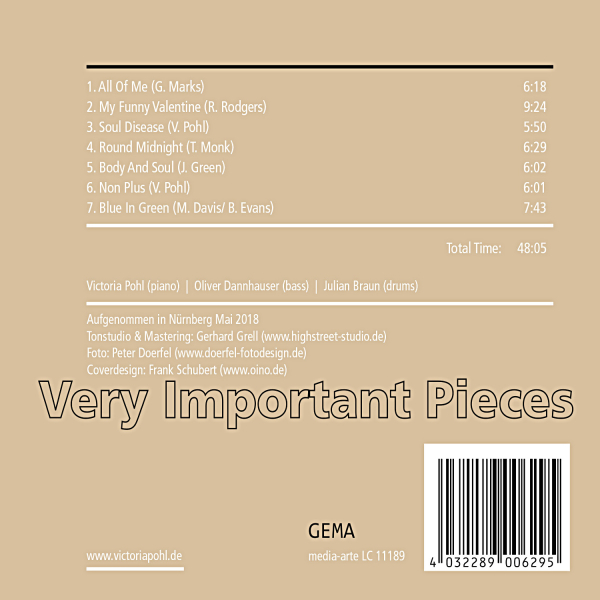 Mainstream Jazz: CD 'Very Important Pieces'  - gespielt von: Victoria Pohl Trio, Spielzeit: 48 Minuten, Einband: Digipack, Gewicht: 0,053 Kg