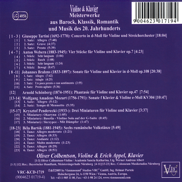 Violine und Klavier: CD 'Violine & Klavier'  -  Meisterwerke aus Barock, Klassik, Romantik und Musik des 20. Jahrhunderts - gespielt von: Oliver Colbentson und Erich Appel, Spielzeit: 71 Minuten, Einband: Jewelcase, Gewicht: 0 Kg